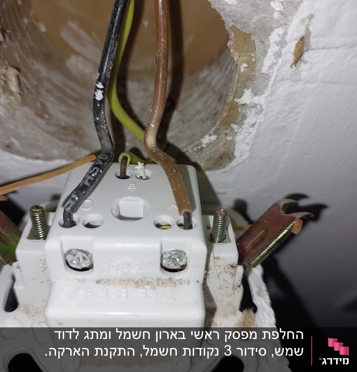 חוטי חשמל מחוברים לשקע בקיר